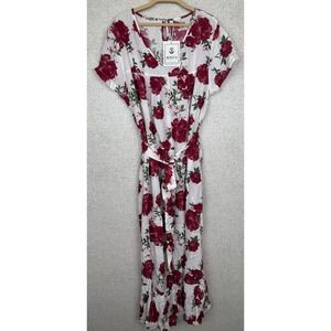 NWT Red Floral Midi Dress Cottagecore Tie Waist Short Sleeve Boho Large